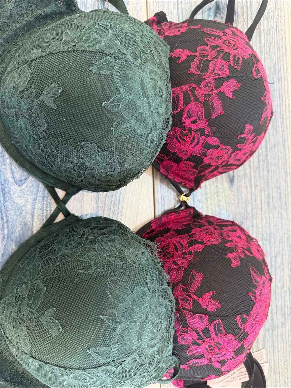 2 Victoria's Secret Lace Overlay Push-Up Bra - Dark Green & Hot Pink